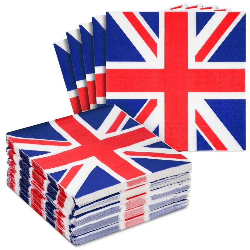 100 Pack Union Jack Party Napkins Serviettes, Red White and Blue Napkins for Royal Theme Tableware Party Supplies, British GB UK Sporting Event, 33cm x 33cm