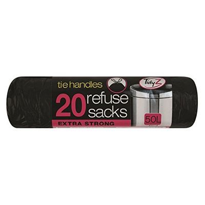 Tidyz 20-Tie Handles Kitchen Liners 50L Extra Strong Black Swing Bin Bags Refuse Waste Rubbish Sacks
