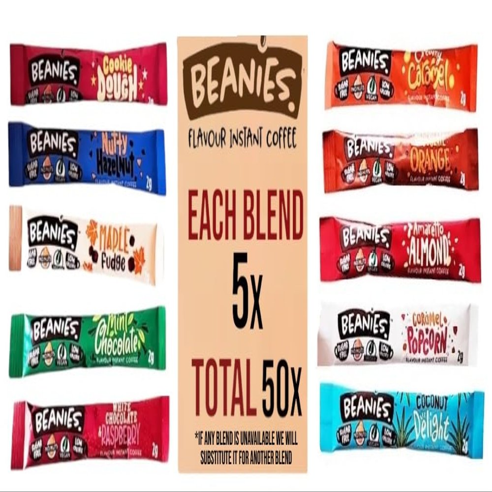 Beanies Flavoured Instant Coffee Sticks Variety Pack  50 Sachets, 10 Different Blends (5 of Each Flavour)  Sugar Free, Low Calorie, Vegan Instant Coffee Sticks