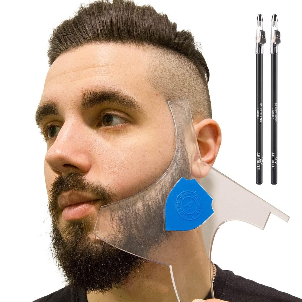 Aberlite Beard Shaper - Lineup Lineup Tool with Hairdresser Pencil (White) - Long Edges | Anti-Slip - The Ultimate Beard Shaping Tool (Blue)