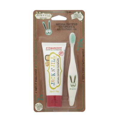 Jack N' Jill Tooth Buddy Set - Natural Certified Strawberry Toothpaste & Toothbrush for Kids, Handle & Packaging Made from Corn, Organic Fruit Flavor, Travel Essentials Set, Makes Brushing Fun
