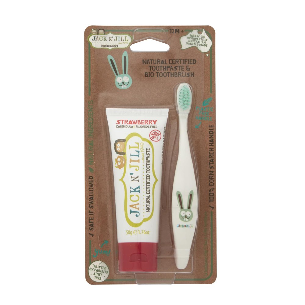 Jack N' Jill Tooth Buddy Set - Natural Certified Strawberry Toothpaste & Toothbrush for Kids, Handle & Packaging Made from Corn, Organic Fruit Flavor, Travel Essentials Set, Makes Brushing Fun