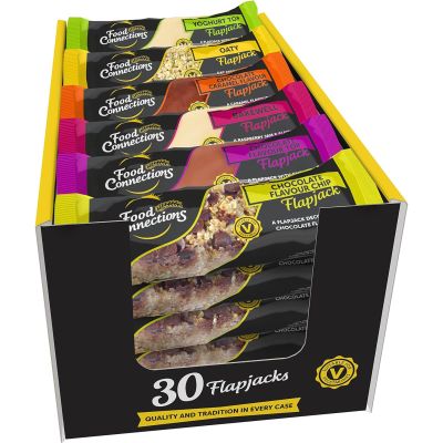 Food Connections Luxury Mix Flapjack Bars (Box of 30x 100g Bars) - Individually Wrapped Flapjacks Multipack of 30 in 6x Flavours: Bakewell, Chocolate Chip, Choc Caramel, Chocolate, Oat & Yoghurt.