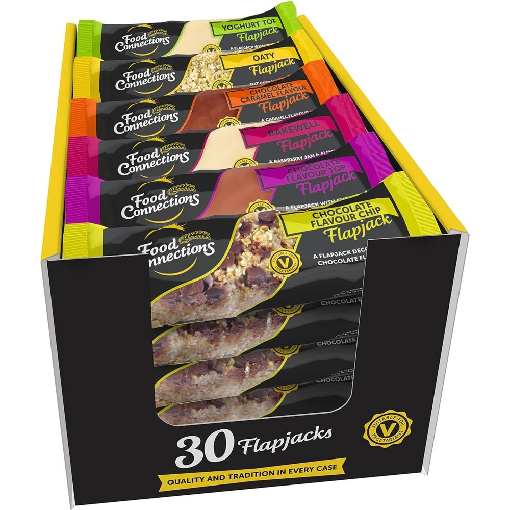 Food Connections Luxury Mix Flapjack Bars (Box of 30x 100g Bars) - Individually Wrapped Flapjacks Multipack of 30 in 6x Flavours: Bakewell, Chocolate Chip, Choc Caramel, Chocolate, Oat & Yoghurt.