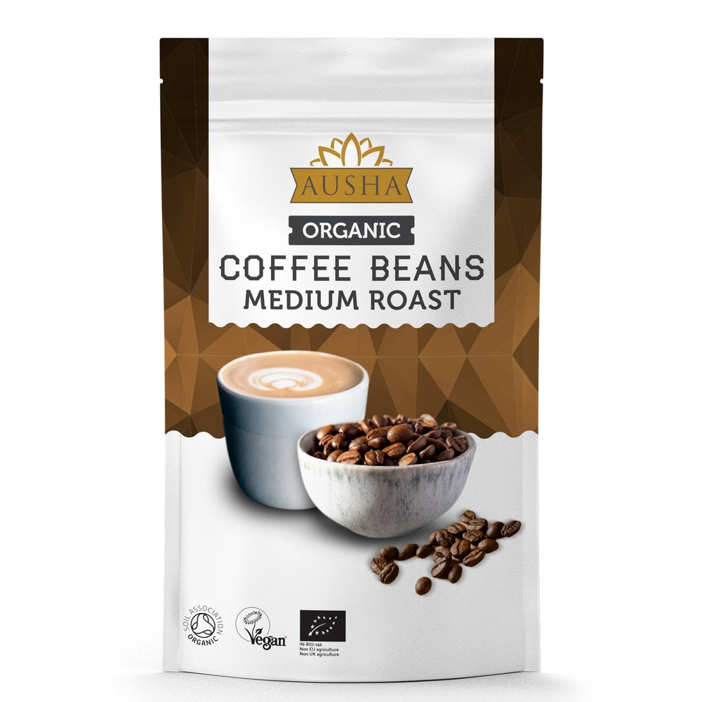 Ausha Organic Indian Coffee Beans 1kg | Medium Roast - UK Certified Organic by Soil Association - GREAT TASTE PRODUCER - No Pesticides or Colourings - Lab Tested