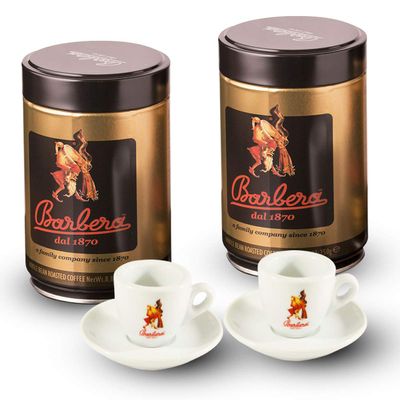 2 Barbera Ground Coffee Cans (250g/8,8Oz) + 2 Top line Espresso Cups.