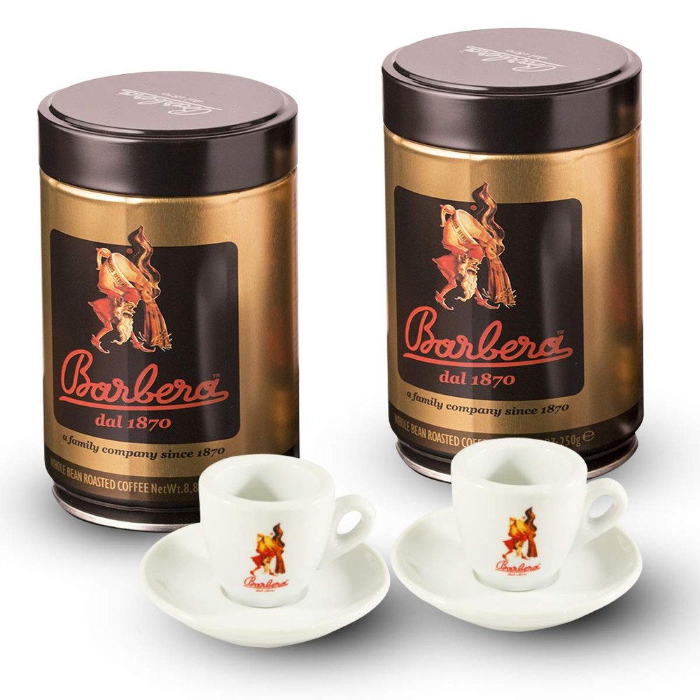 2 Barbera Ground Coffee Cans (250g/8,8Oz) + 2 Top line Espresso Cups.
