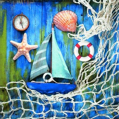 20 Napkins Sea Treasures/Maritime / Starfish/Ship / Shells 33 x 33 cm