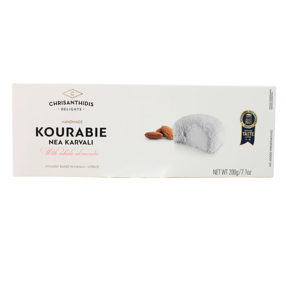 Chrisanthidis Traditional Greek Kourabie 200 g  Almond Shortbread Butter Cookies with Icing Sugar  Authentic Mediterranean Pastries, Gourmet Treats & Gift Box