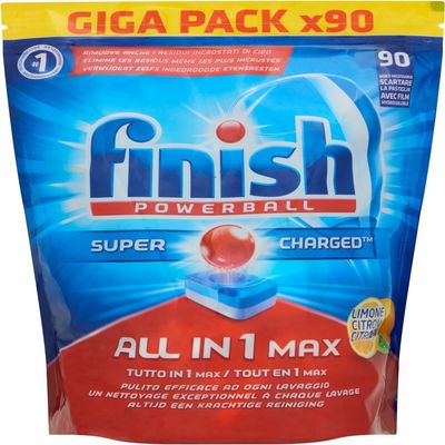Finish Powerball Super Charged Giga Pack x90 Loads - All-in-1 Max, Clean and Effective with Every Wash, Lemon Scent
