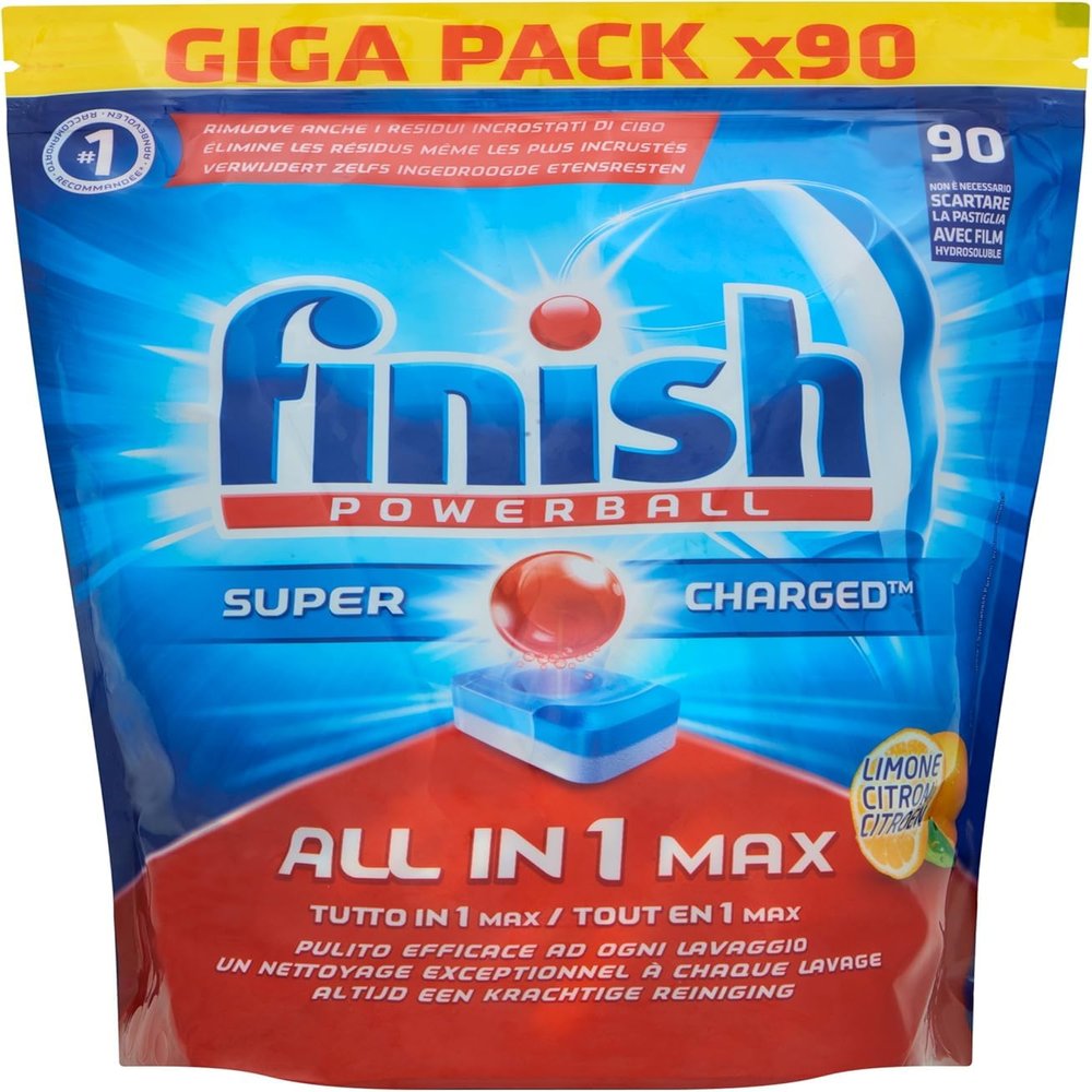 Finish Powerball Super Charged Giga Pack x90 Loads - All-in-1 Max, Clean and Effective with Every Wash, Lemon Scent