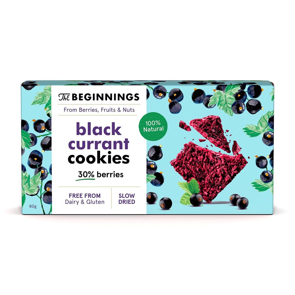 The Beginnings Blackcurrant Cookies  Slow Dried with 33% Real Berries  Gluten Free Snacks  Vegan Cookies  Dairy Free  100% Natural Plant-Based Treats  80g Box