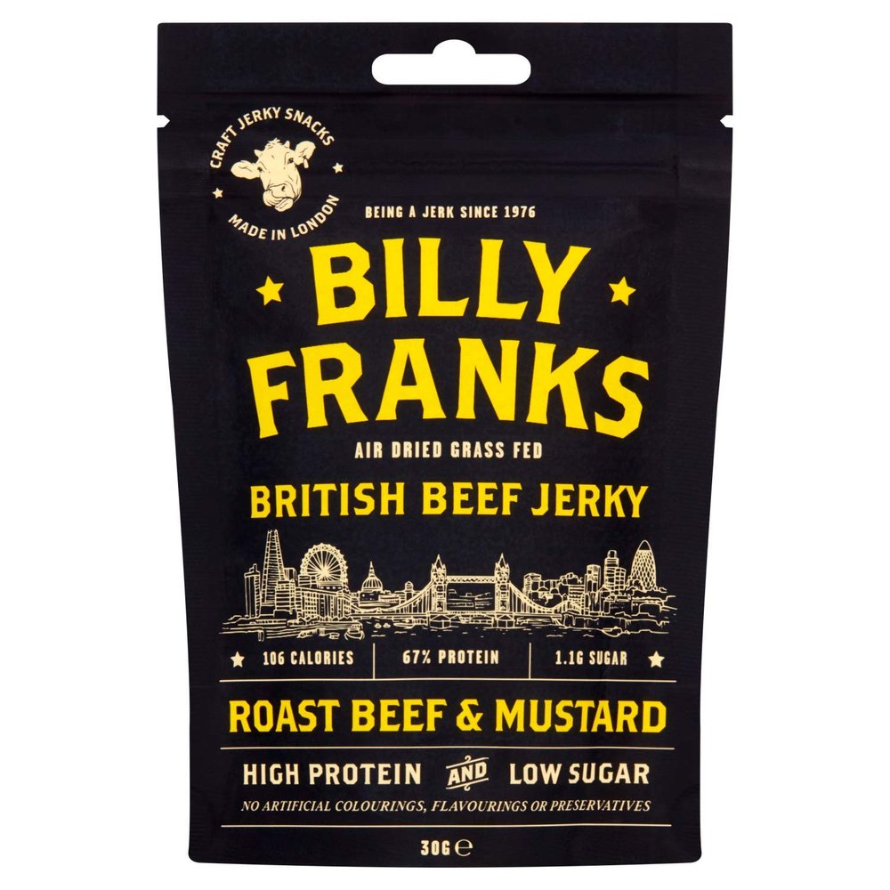 Billy Franks Gluten Free Beef Jerky - High Protein - Healthy Keto Snack - Biltong - Roast Beef & Mustard - 10 Packs x 30g