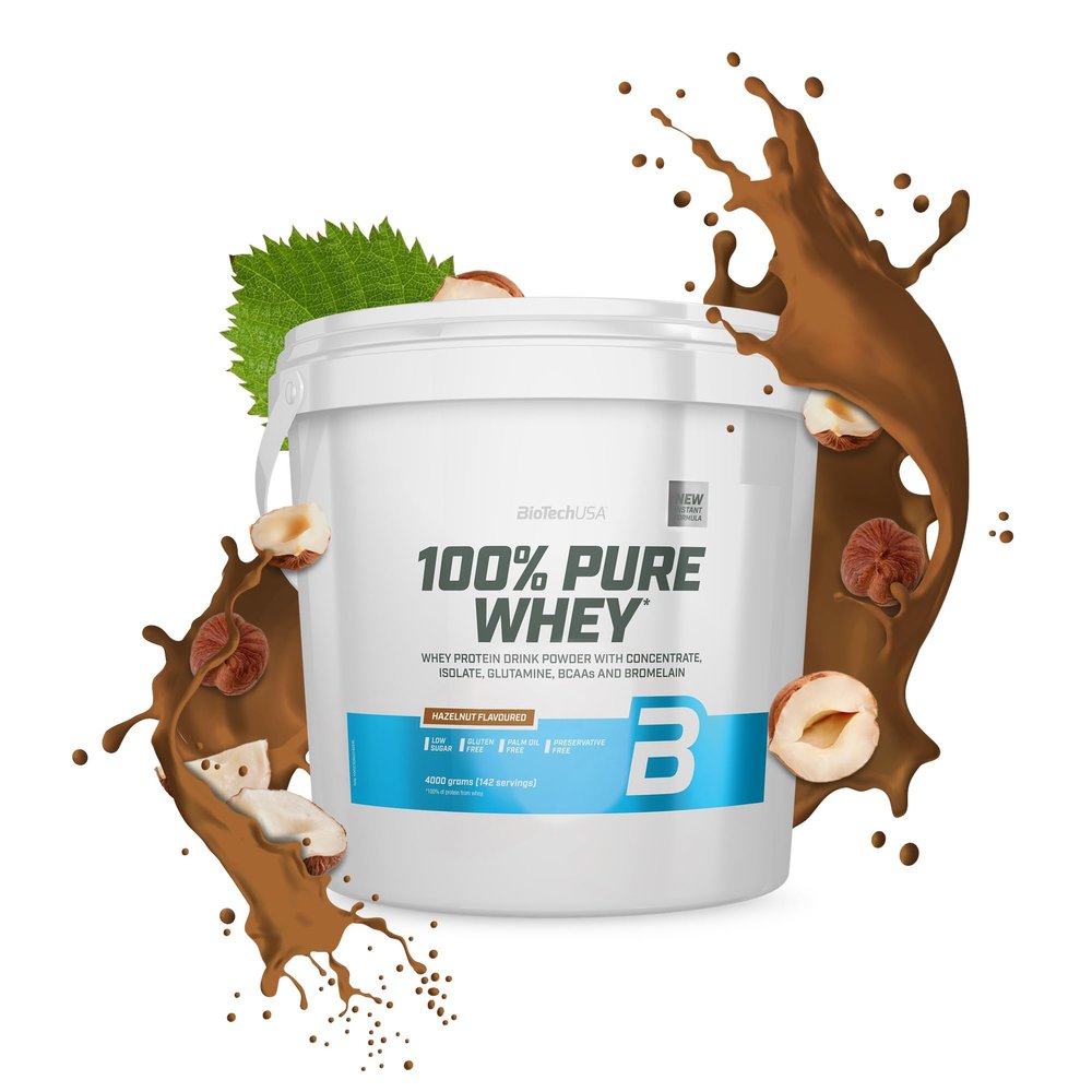 BioTechUSA 100% Pure Whey | Protein Powder with BCAA and Glutamine | Gluten-Free, Palm Oil Free | 21g Protein per Serving, 4 kg, Hazelnut