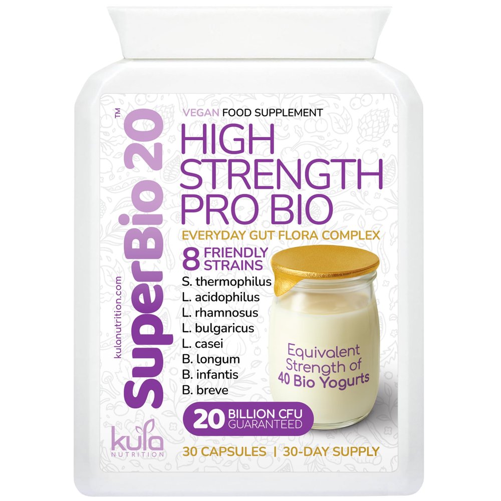 SuperBio20 - High Strength Probiotic Capsules Complex - 20 Billion Multi-Strain Live Cultures - 8 Strain Full Spectrum Friendly Bacteria Supplement - Acid and Bile Resistant Gut Flora - 30 Days Supply