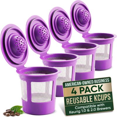 Reusable K Cups for Keurig Coffee Maker - Filter Pods for Keurig 1.0 and 2.0 Brewers - Refillable K Cup Fits K-Elite, K-Classic - BPA Free Universal Reusable Single Serve - 4 Pack