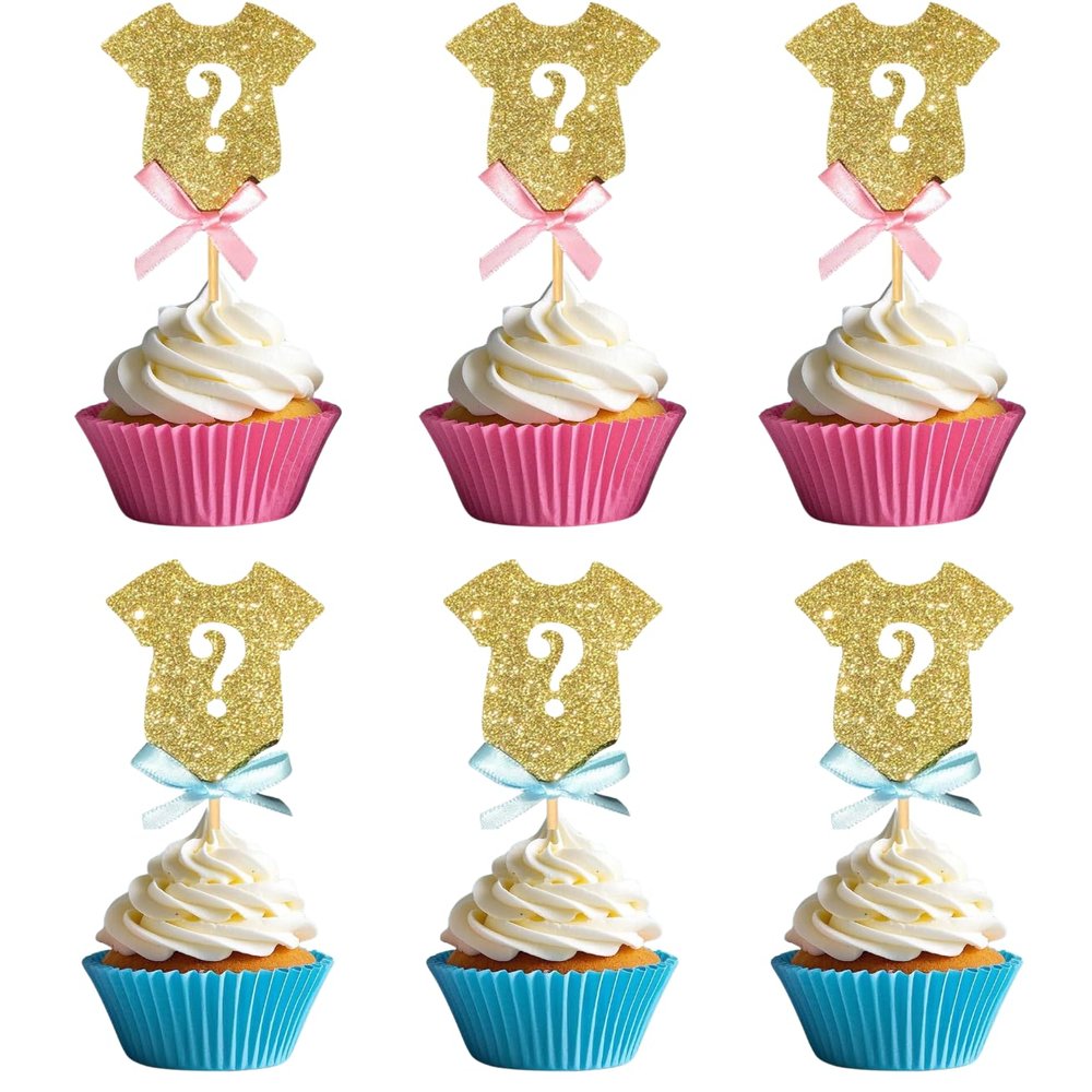 kapoklife 24-pack Glitter Gender Reveal Cupcake Toppers Gender Reveal Baby Shower Party Cake Food Decoration Supplies