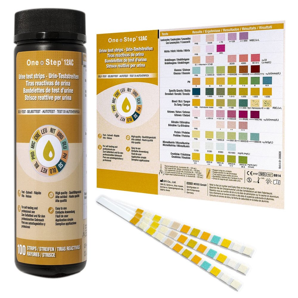 12 Parameter Urine Test Strips Creatinine, Microalbuim, UTI Infection, Ketone, Blood, Glucose Testing Sticks (300 Tests - 3 Tubs)