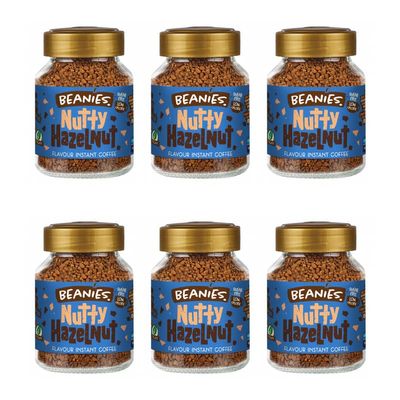 6X Beanies Nutty Hazelnut Flavoured Instant Coffee Jars: 50g per jar