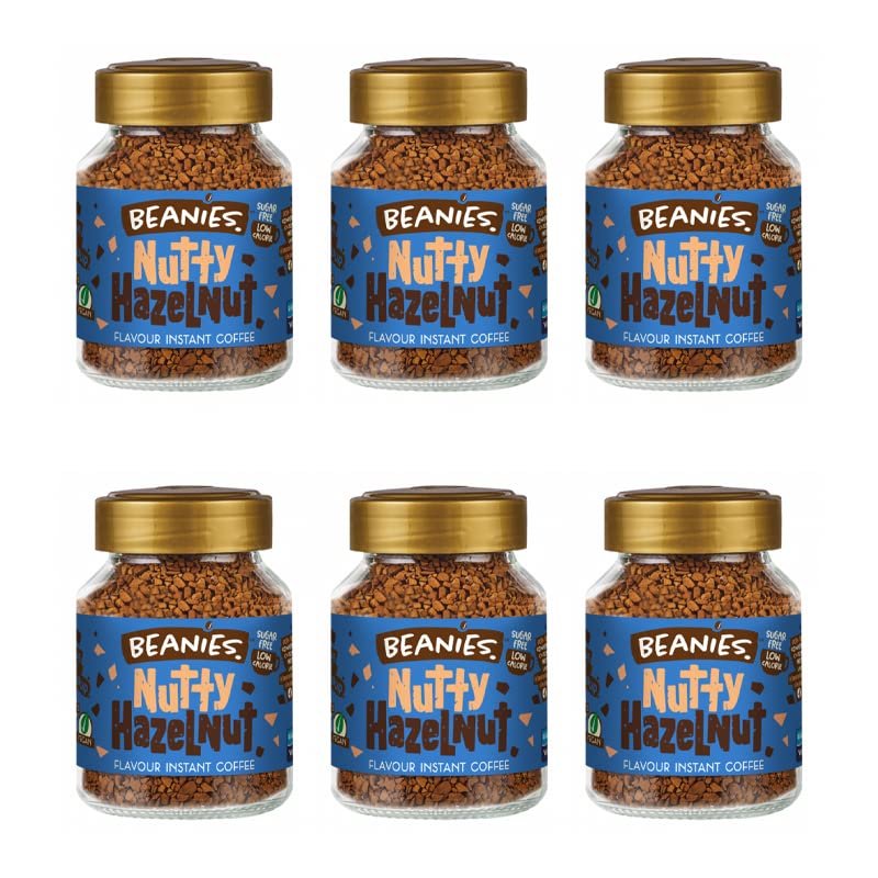 6X Beanies Nutty Hazelnut Flavoured Instant Coffee Jars: 50g per jar
