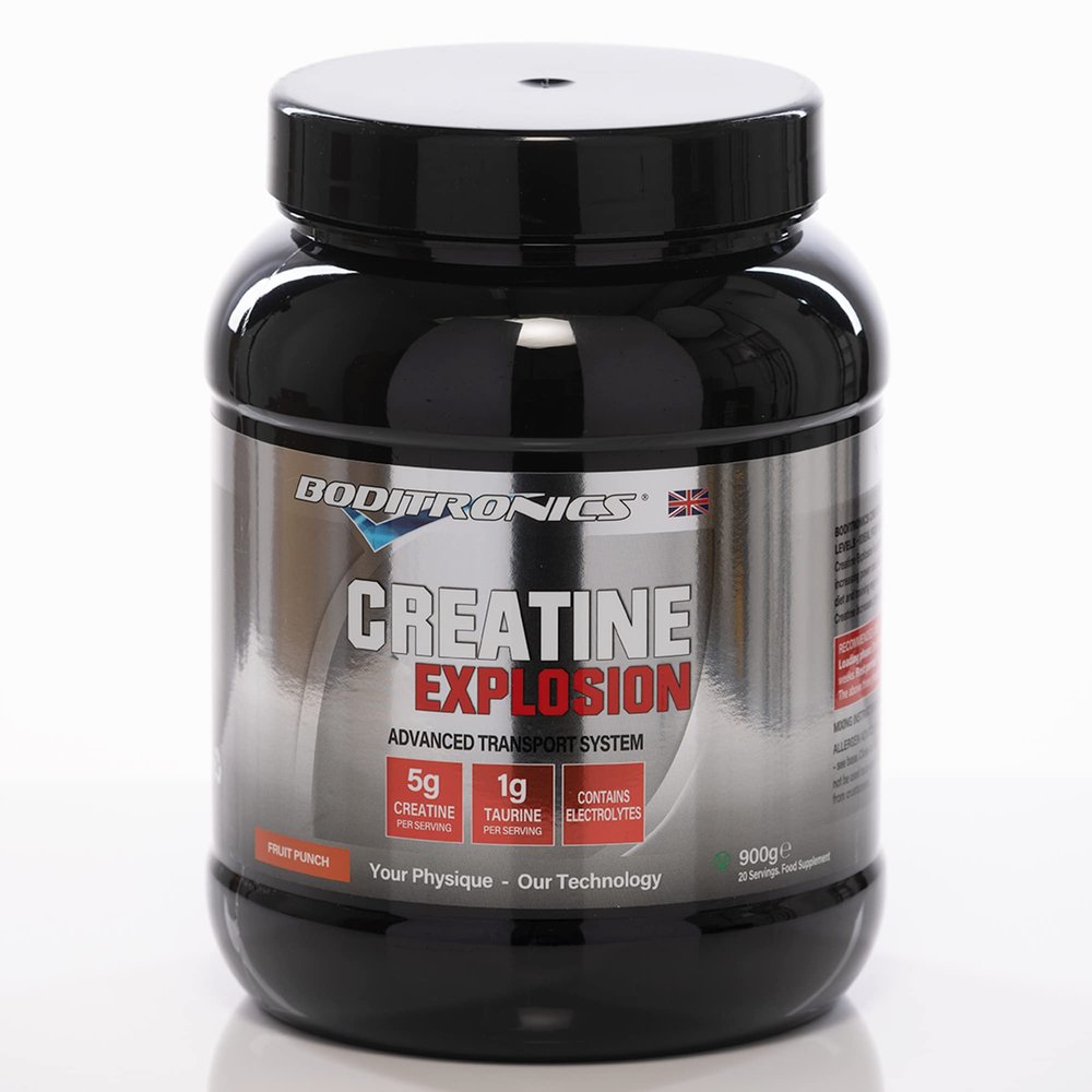 Boditronics Creatine Explosion 900g Creatine Monohydrate Powder Contains with Magnesium, L Taurine Creatine for Increase Muscle Growth, Power, Strenth, Available in Fruit Punch Flavour (1)