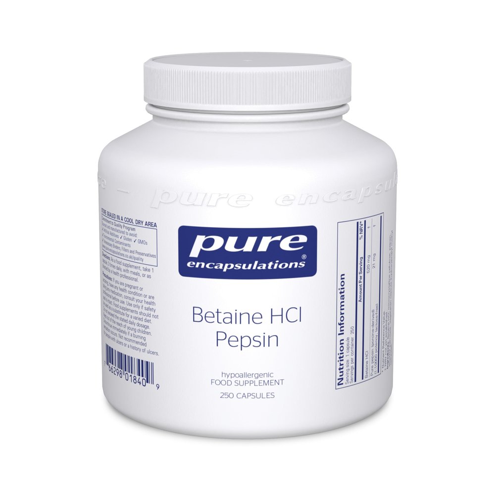Pure Encapsulations Betaine HCl Pepsin - Acidic Betaine with Protein-Digesting Enzyme, 250 Capsules