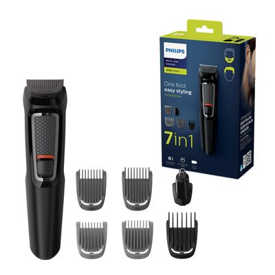 Philips 7-in-1 All-In-One Trimmer, Series 3000 Grooming Kit for Beard & Hair with 7 Attachments, Including Nose Trimmer, Self-Sharpening Blades, UK 3-Pin Plug-MG3720/33
