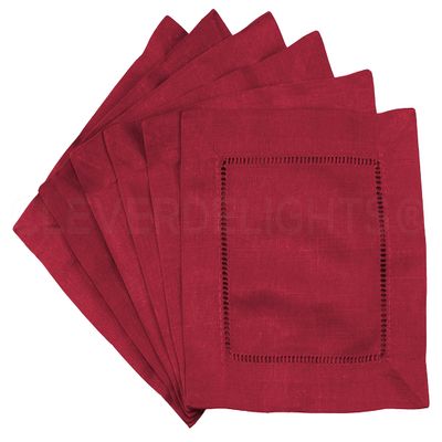 12 Pack - CleverDelights Red Linen Hemstitch Cocktail Napkins - 6" x 6" - 100% Pure Linen