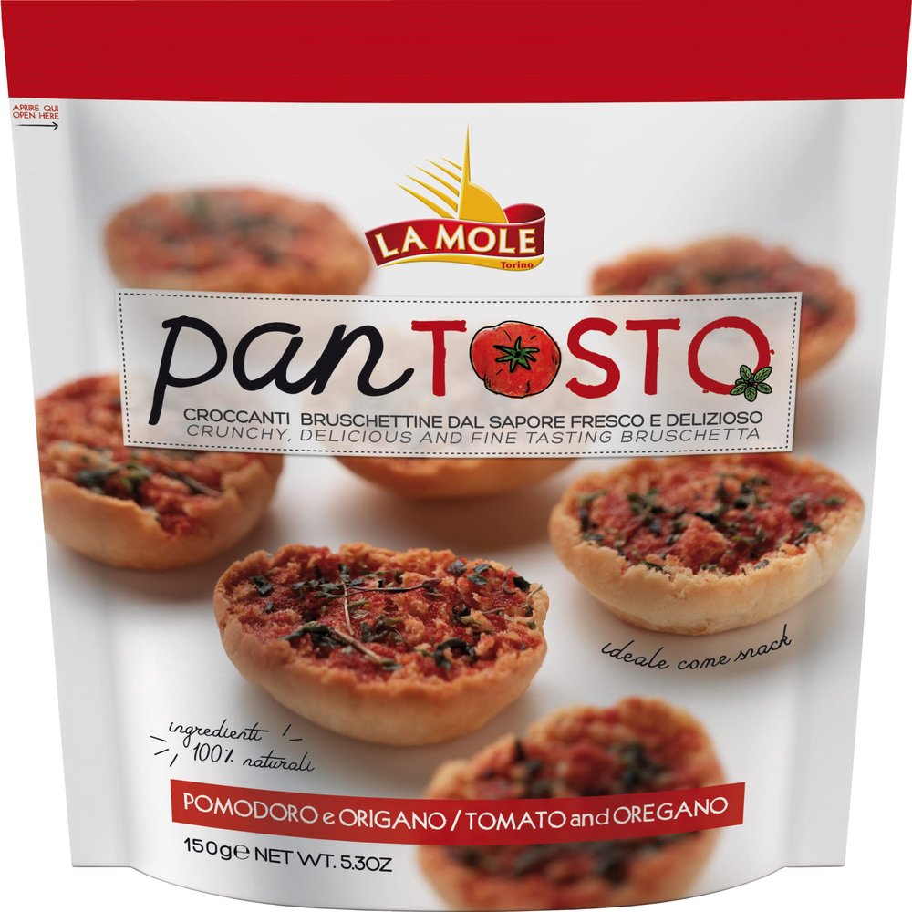 La Mole Tomato & Oregano Pan Tosto, Oven Toasted Brushetta. Best Served with Meats, Soft Cheeses & Tomatoes or Partnered with Dips and Soups, Kosher Friendly, 150g Bag