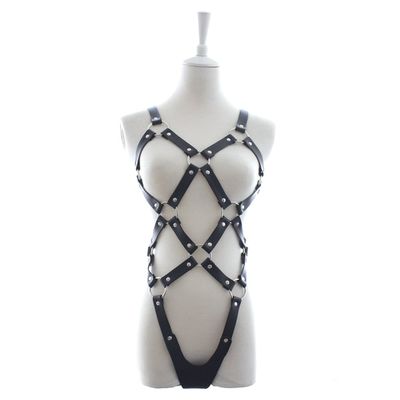 Women Sexy Punk Leather Harness Bodysuit Teddy Lingerie with One Pair Nipple Camps (302401115)