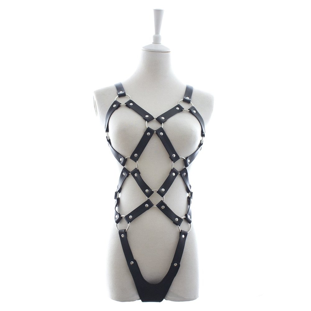 Women Sexy Punk Leather Harness Bodysuit Teddy Lingerie with One Pair Nipple Camps (302401115)