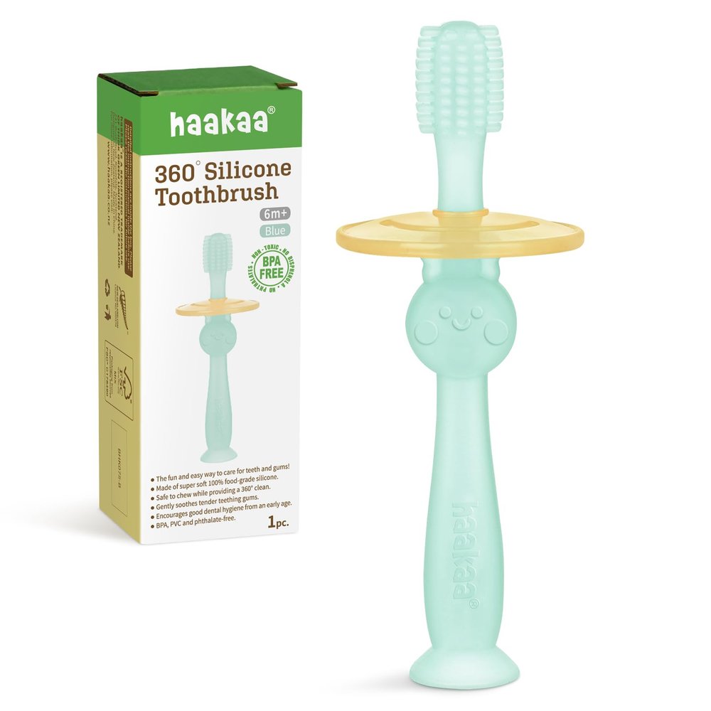 haakaa 360 Silicone Baby Toothbrush Teether with Suction Base Infant Toothbrush Training Massage Teether for Baby,1pc (Blue)