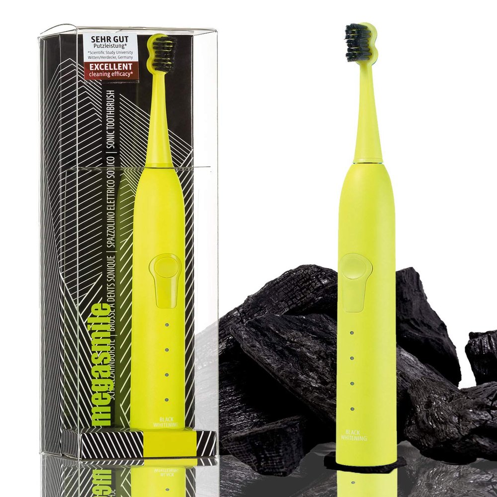 Megasmile Sonic Black Whitening II Toothbrush Yellow, 4 Modes, ACP Charcoal Technology for Whiter Teeth, with: Timer, Memory Function, Travel Lock