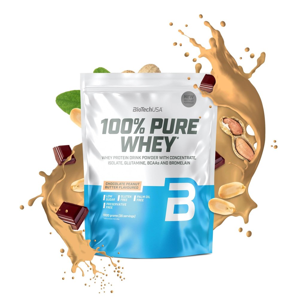 BioTechUSA 100% Pure Whey | Protein Powder with BCAA and Glutamine | Gluten-Free, Palm Oil Free | 21g Protein per Serving, 1 kg, Chocolate-Peanut Butter