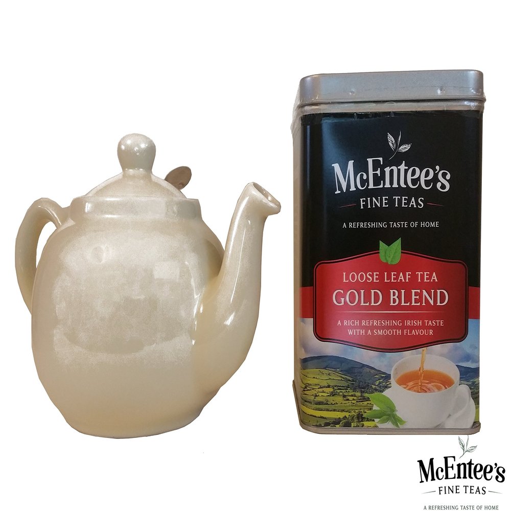 The Perfect Tea Lover Gift Set - Perfect Birthday or Mother's Day Gift - Award Winning McEntee's Irish Loose Leaf Gold Blend Tea - 500g Tin & London Pottery 2 Cup Filter Teapot