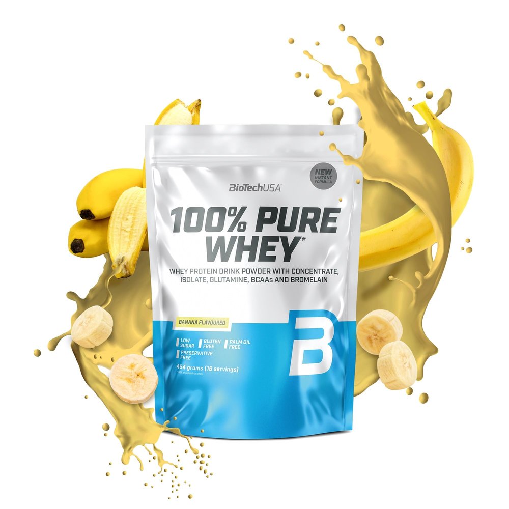 BioTechUSA 100% Pure Whey | Protein Powder with BCAA and Glutamine | Gluten-Free, Palm Oil Free | 21g Protein per Serving, 454 g, Banana