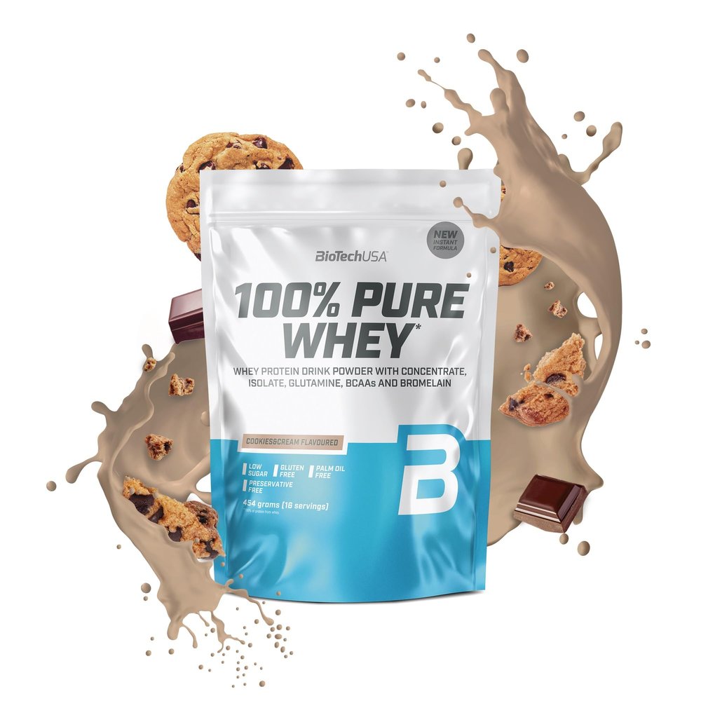 BioTechUSA 100% Pure Whey | Protein Powder with BCAA and Glutamine | Gluten-Free, Palm Oil Free | 21g Protein per Serving, 454 g, Cookies & Cream