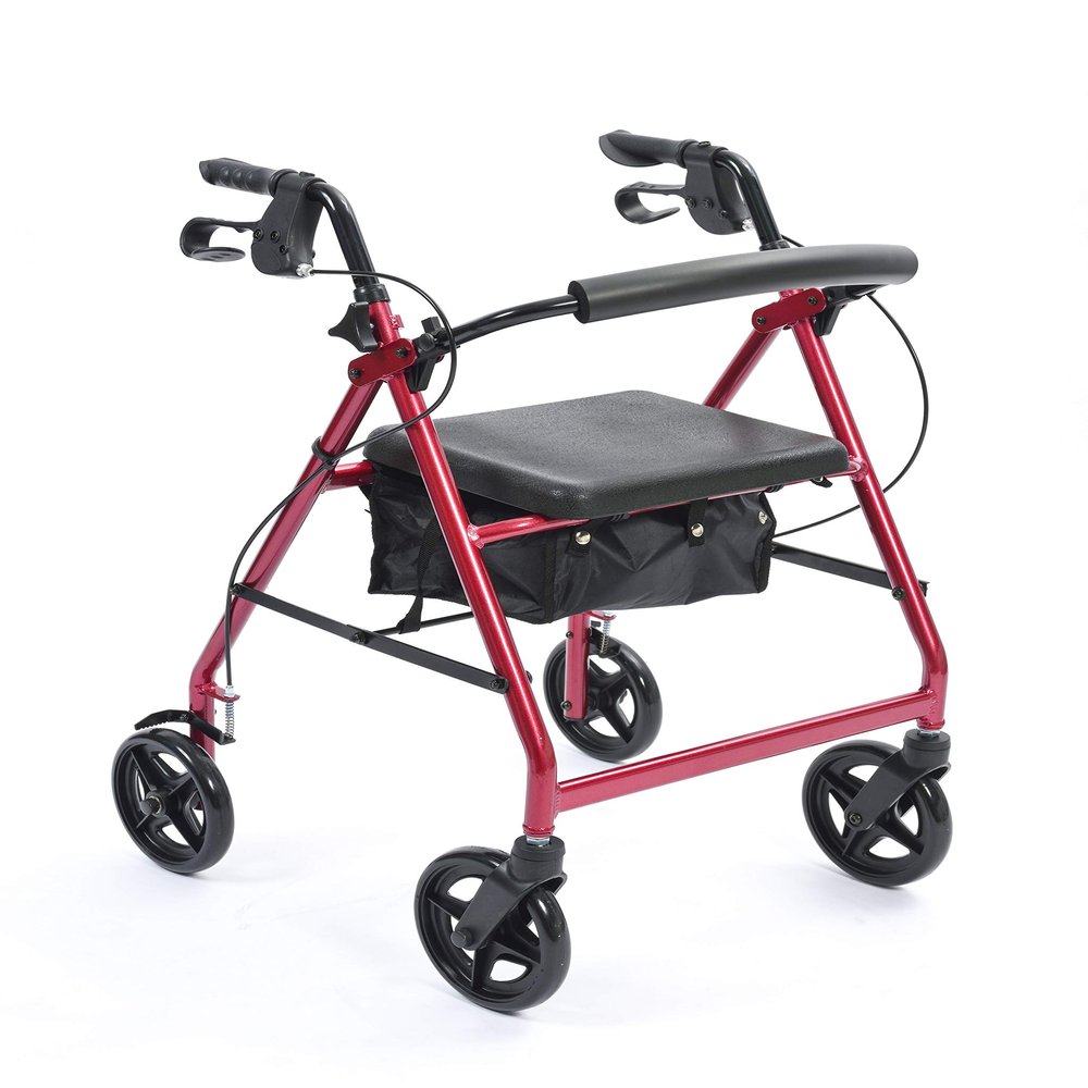 NRS Healthcare A-Series 4 Wheel Rollator Walking Aid with Seat & Bag, Folding Lightweight Height Adjustable Aluminium Frame with Lockable Brakes - P11255, Red