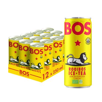 BOS Organic Lemon Flavoured Caffeine Free Rooibos Ice Tea, Refreshing & Naturally Sweetened Tea Drink, 250 ml (Pack of 12)