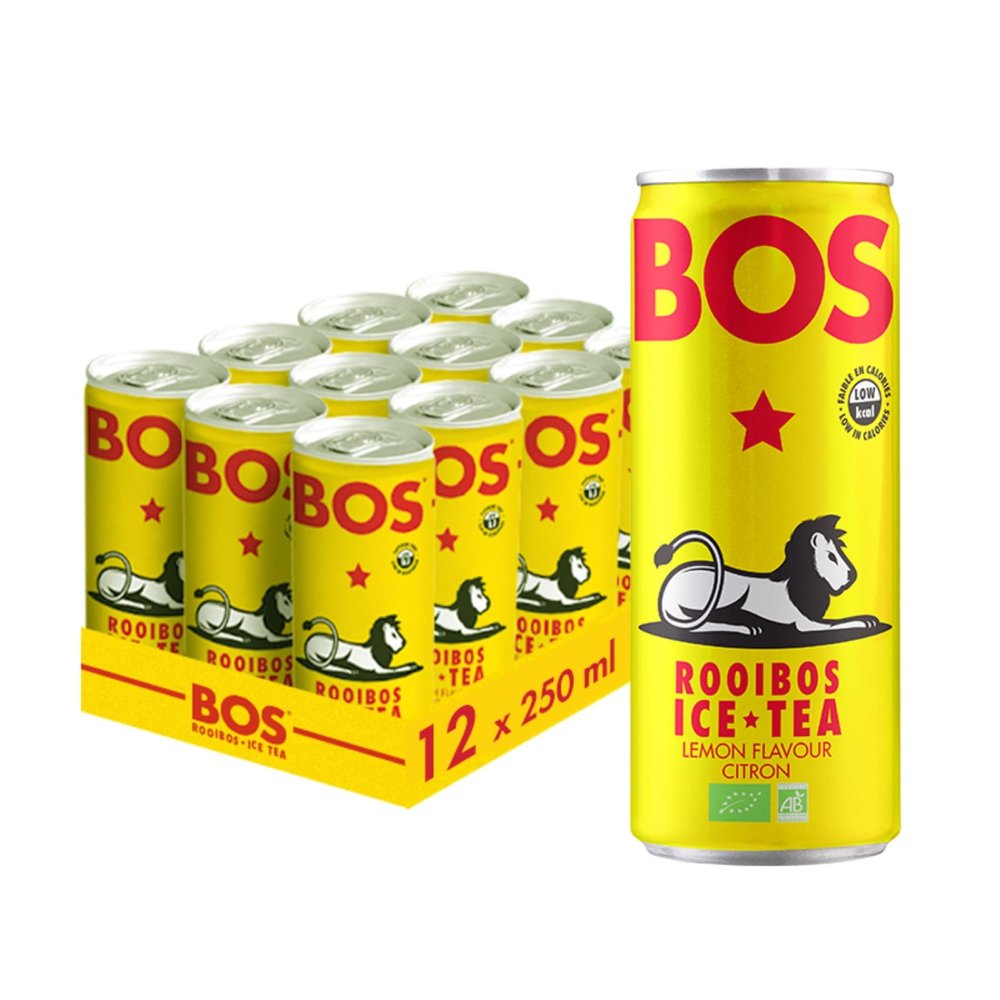 BOS Organic Lemon Flavoured Caffeine Free Rooibos Ice Tea, Refreshing & Naturally Sweetened Tea Drink, 250 ml (Pack of 12)