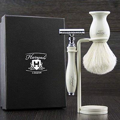 3 Pack of Men's Shaving Set. Comes With White Badger Hair Brush In Ivory de Safety Razor (No Blade) and Dual Stand. Great gift for him.