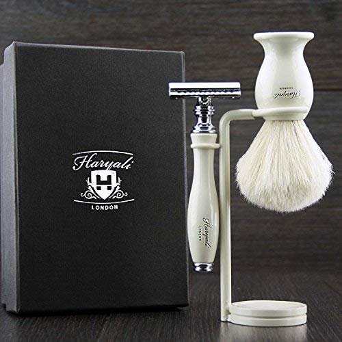 3 Pack of Men's Shaving Set. Comes With White Badger Hair Brush In Ivory de Safety Razor (No Blade) and Dual Stand. Great gift for him.