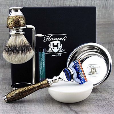 Silver Tip Badger Hair Brush & 5-Edge Cartridge Razor with Stand, Bowl & Soap Kit.