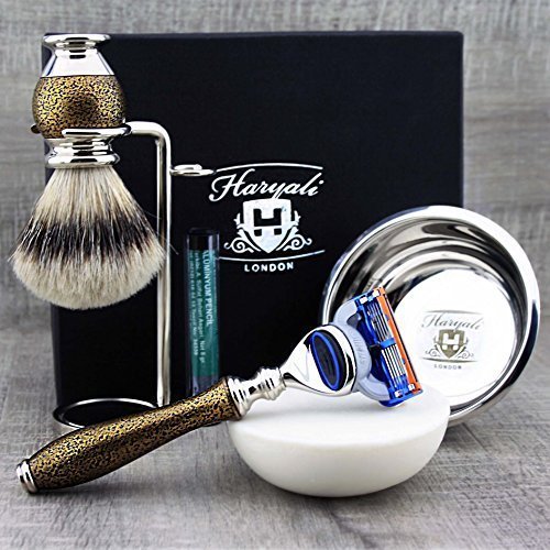 Silver Tip Badger Hair Brush & 5-Edge Cartridge Razor with Stand, Bowl & Soap Kit.