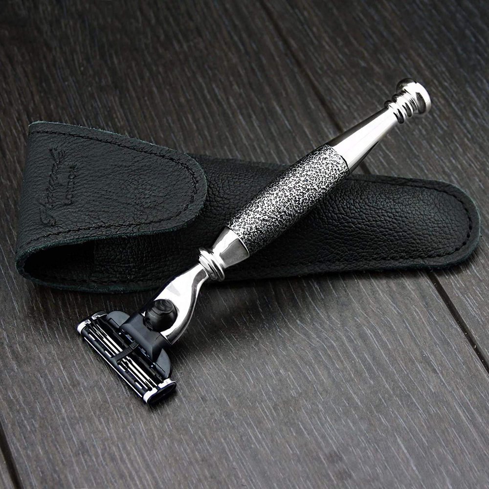 Best Scissors/Razor with 100% real leather. Haryali London Hand Assembled Sophist Collection Elegantly Designed (Gillette Mach 3) Stunning Shaving Razor with Leather Case.