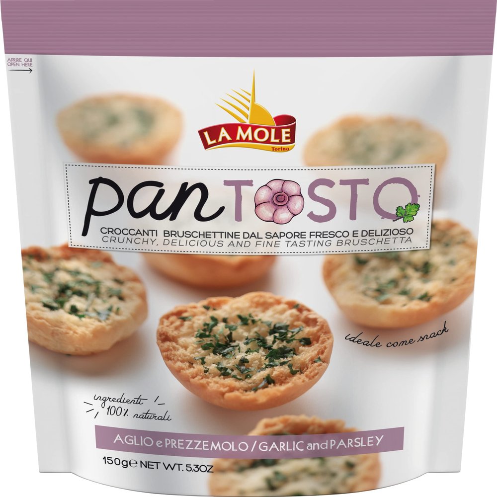 La Mole Garlic & Parsley Pan Tosto, Oven Toasted Brushetta. Best Served with Meats, Soft Cheeses & Tomatoes or Partnered with Dips and Soups, Kosher Friendly, 150g Bag