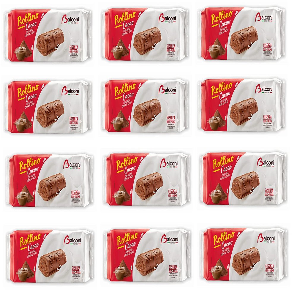 12x Balconi Rollino Cacao & Chocolate Cream Sponge Roll Snack 6X 37g