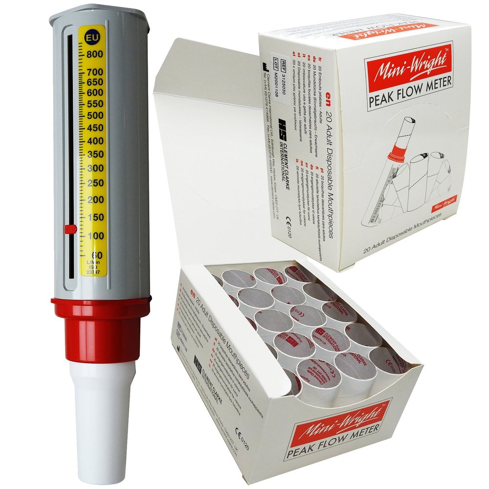 Mini Wright Peak Flow Meter Tester Asthma Respiratory Monitor + Full Box Mini Wright Mouth Pieces (20)