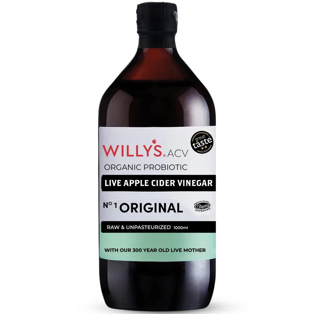 WILLY'S Apple Cider Vinegar with Live Mother - Probiotics For Detox & Gut Health - 1L Glass Bottle - Organic, Raw, Unpasteurised, Naturally Fermented ACV