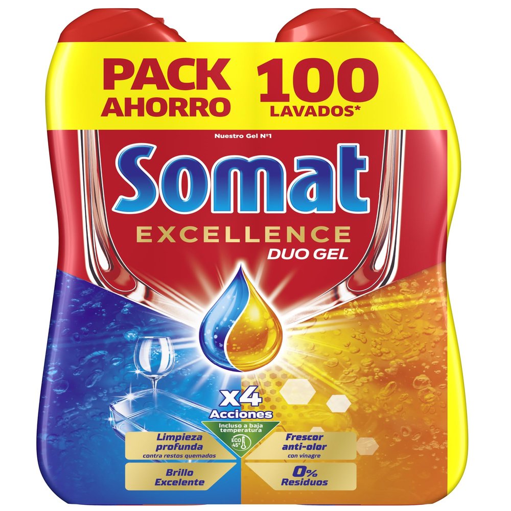 Somat Excellence Gel Frescor Anti-Odor (100 Washes), Degreasing Dishwashing Detergent, Automatic Liquid Dishwasher in Bottle, Dish Soap with Vinegar